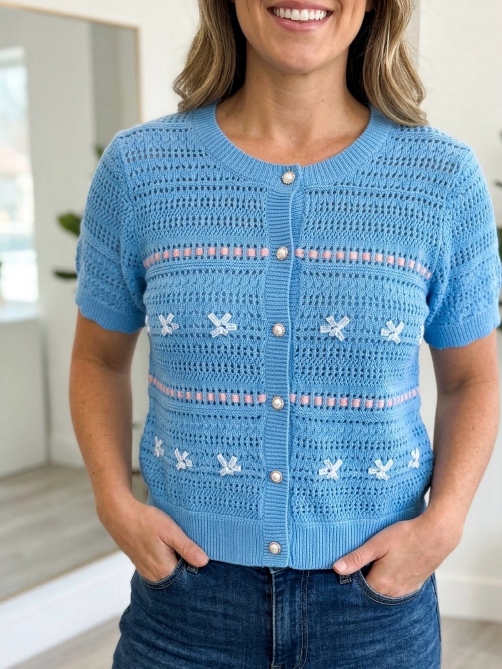 Nanette Lepore Blue Short-Sleeve Crochet Cardigan with Pink Trim
